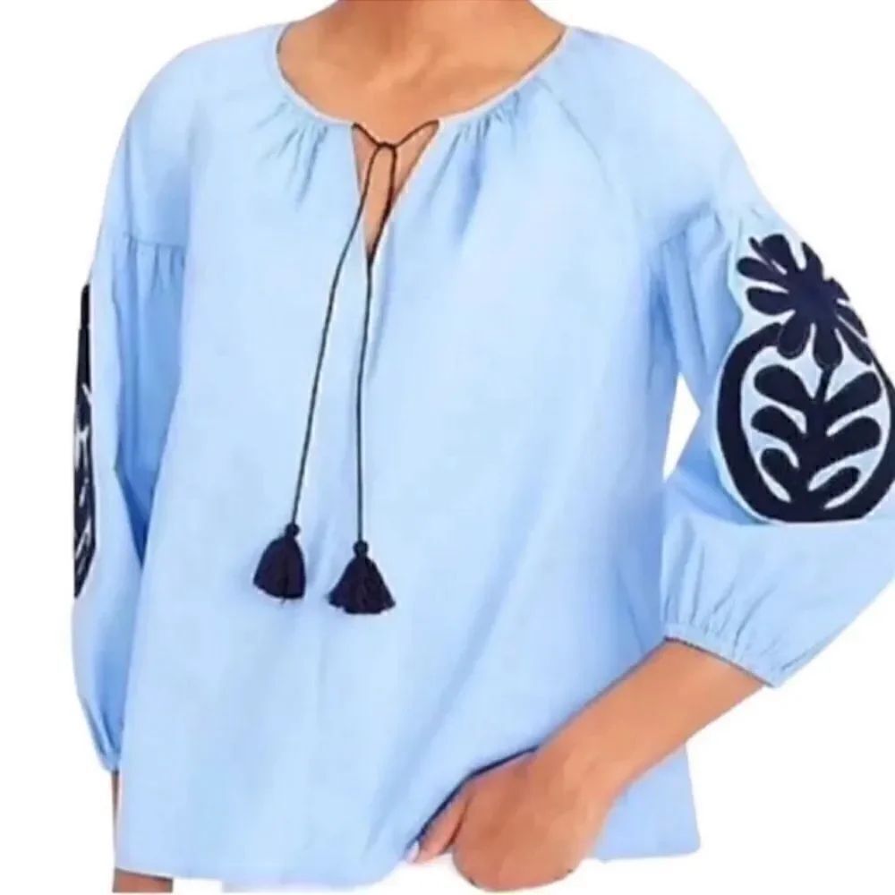 J.crew Red & White Periwinkle Cotton Embroidered
Boho Peasant Top(Size XSmall)